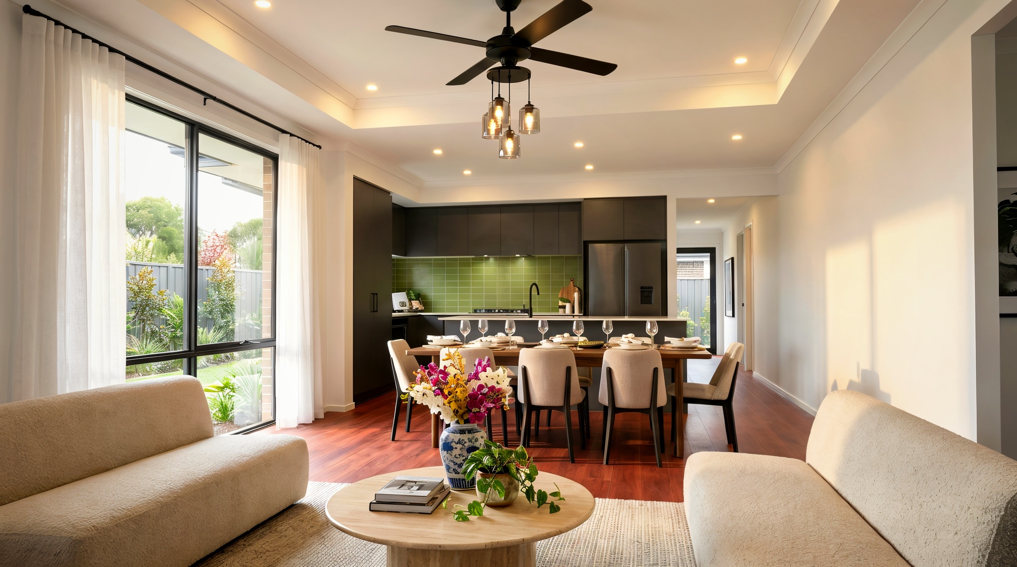 An interior one-point perspective render — living room foreground, dining table centred, kitchen on the back wall