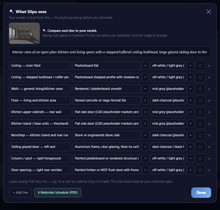 The Materials Schedule — every line with a material and colour dropdown, and the Schedule of Finishes PDF button