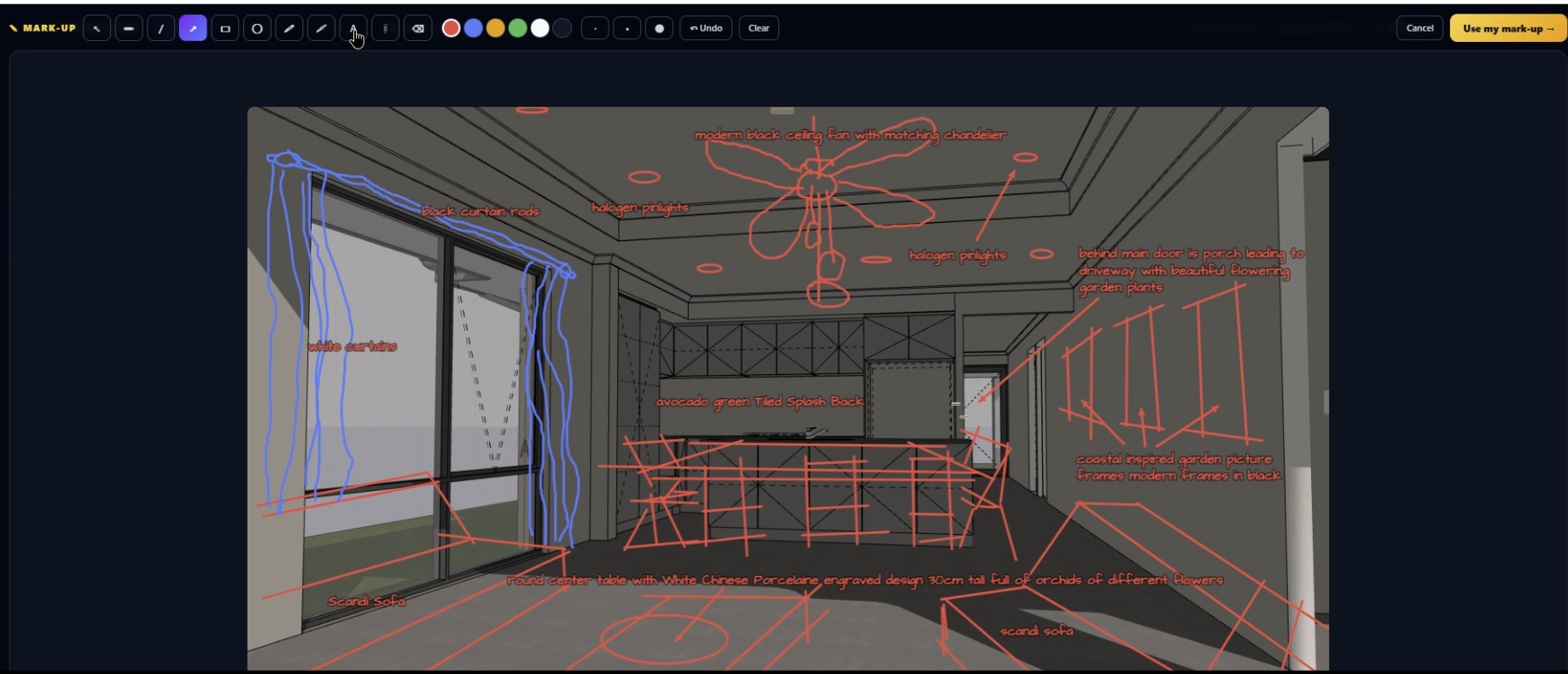 The bare model marked up — every scribble an instruction