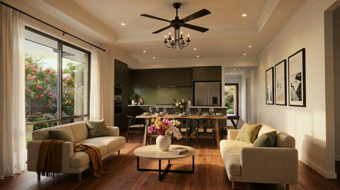 The finished golden-hour interior render built from those mark-ups — same room, same camera, three framed prints on the wall as marked