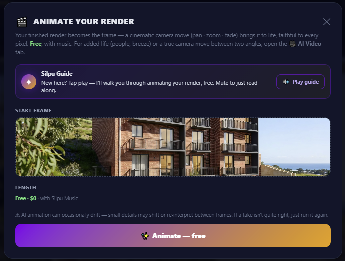 The Animate panel — a free, pixel-faithful cinematic camera move with music