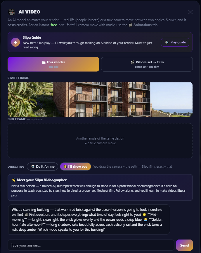 The AI Video panel — the Silpu Videographer plans the shot with you