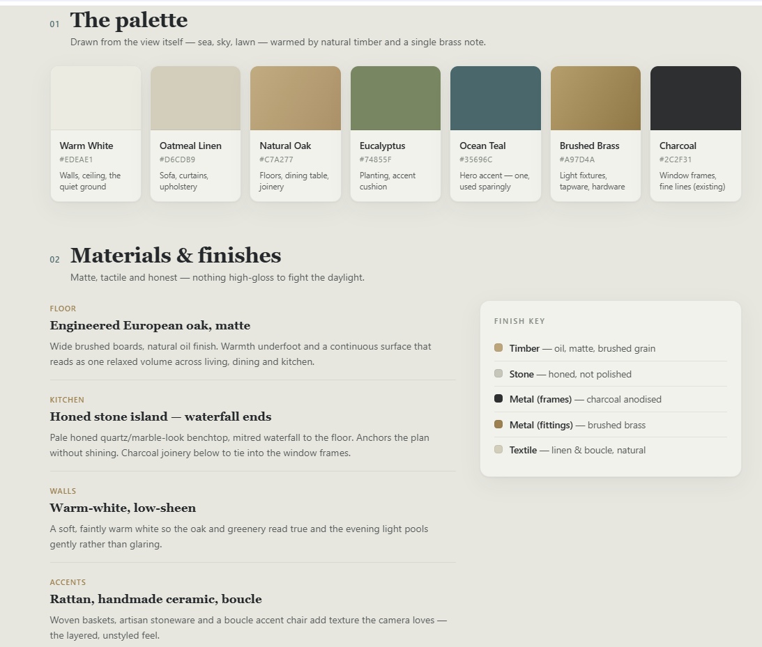 Coastal Calm interior direction — materials and finishes