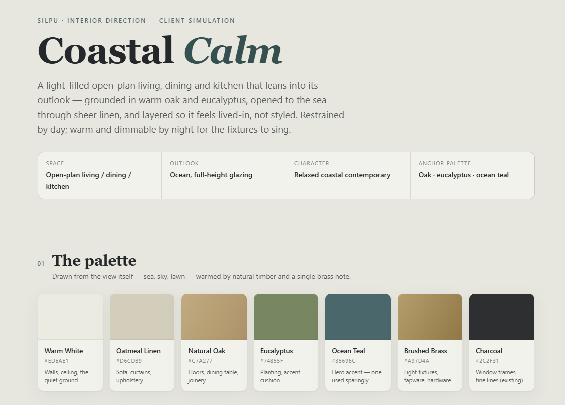 Coastal Calm interior direction — the palette