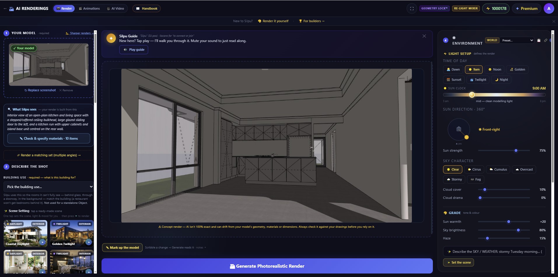 The whole SilpuAI Studio+ render interface with numbered callouts